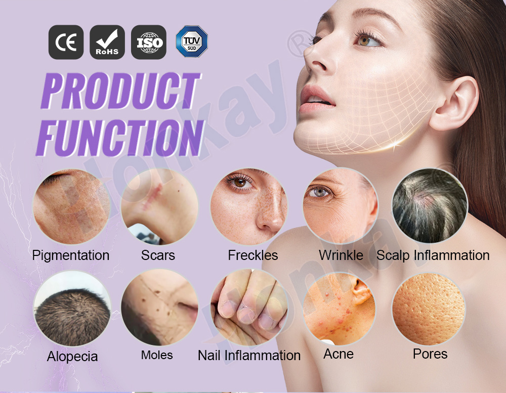 Product function chart listing skin and scalp treatment areas covered by the plasma machine