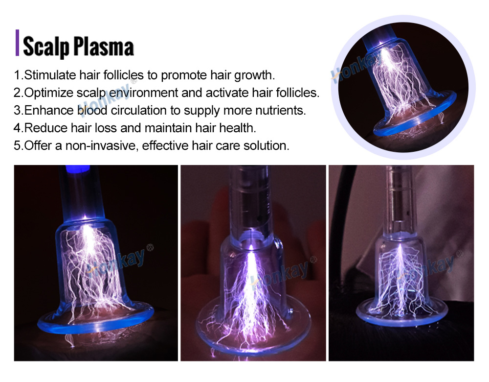Scalp plasma glass tip discharging plasma over the scalp during a hair care treatment