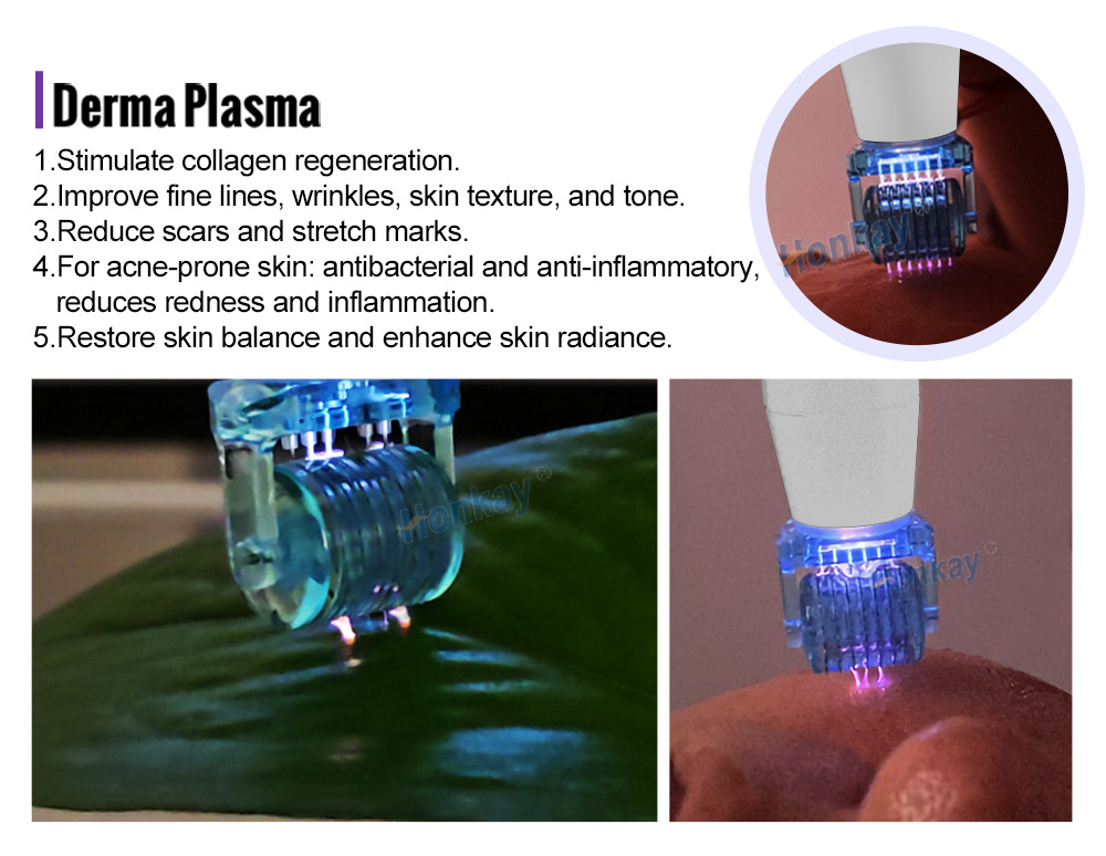 Derma plasma roller head applied to the skin surface during a facial treatment