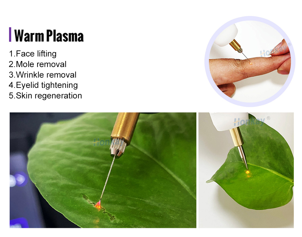 Warm plasma needle tip touching a leaf to demonstrate the precision treatment point