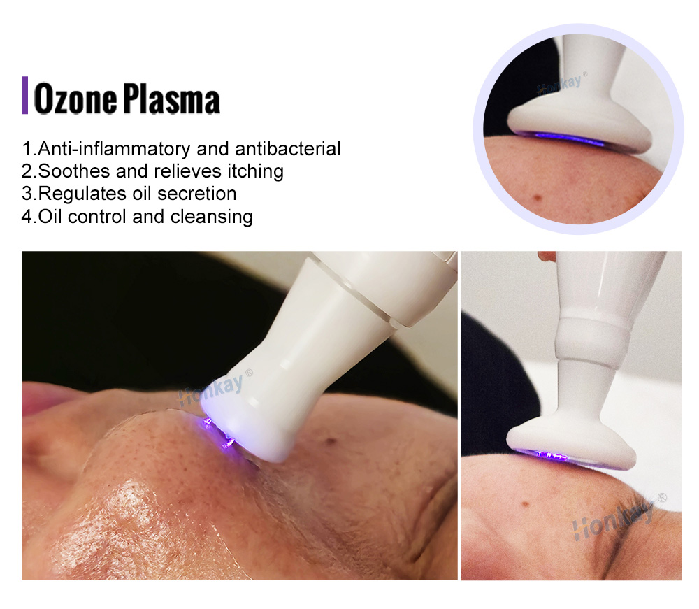 Ozone plasma round head placed on the cheek with purple plasma light visible