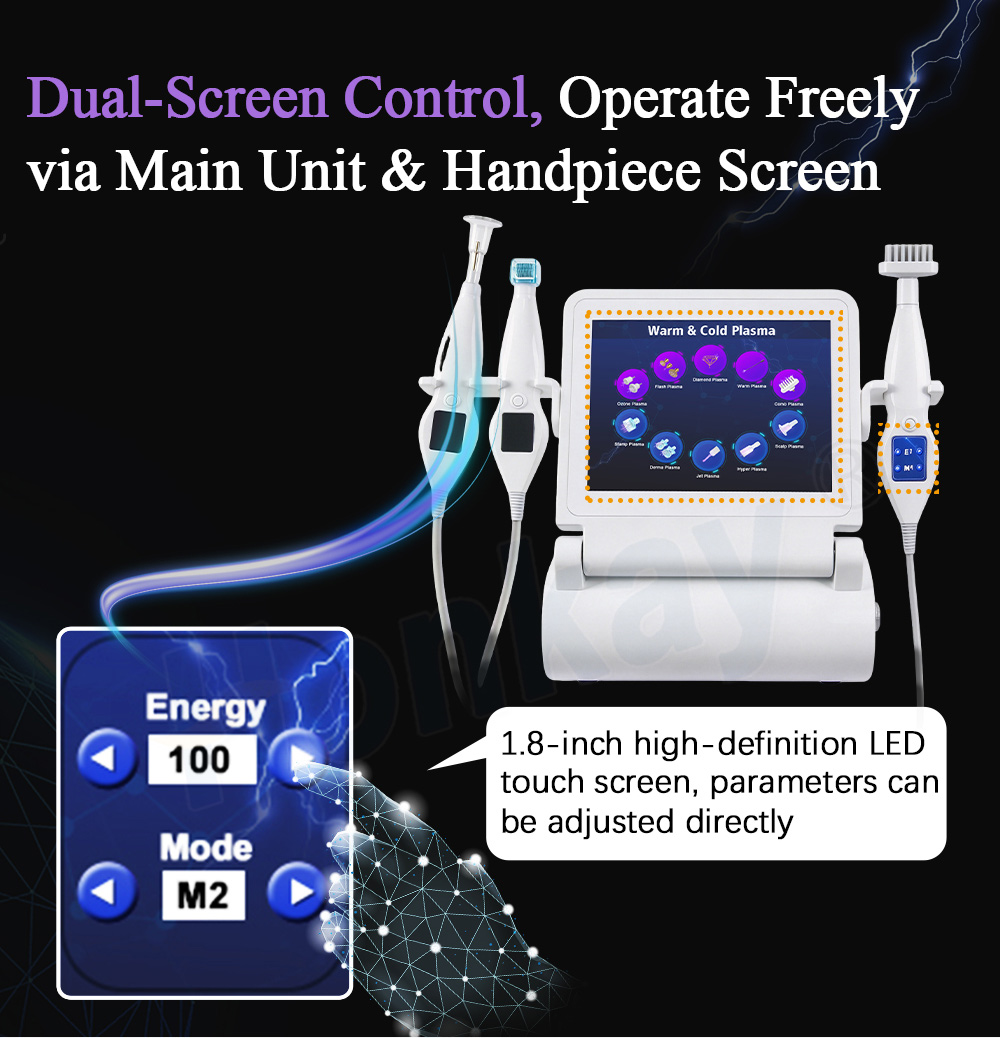 Main unit touch screen and handpiece display used together to set energy and mode
