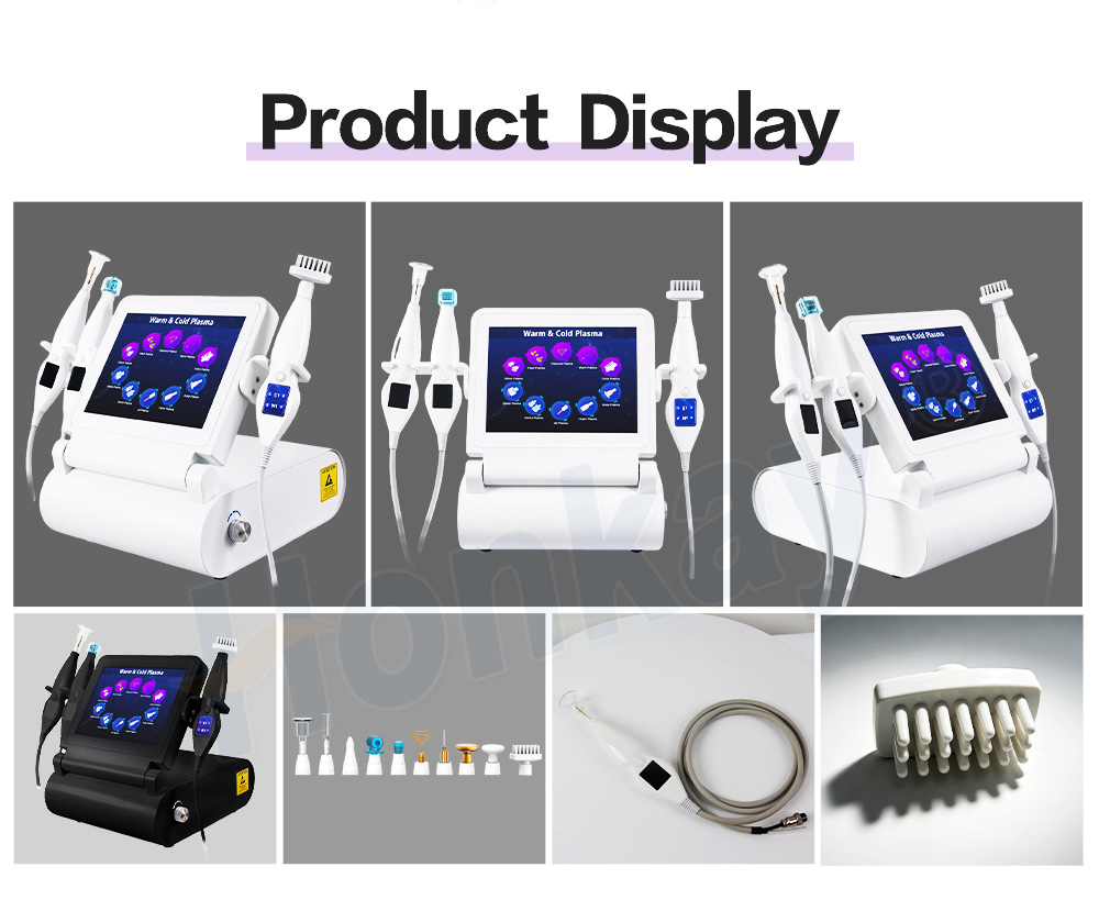 White and black versions of the plasma machine shown from several angles with tips and handpieces