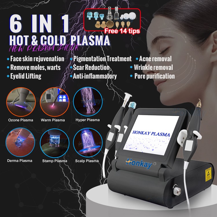 cold and hot plasma beauty machine with dual handpieces and probe set on a treatment table